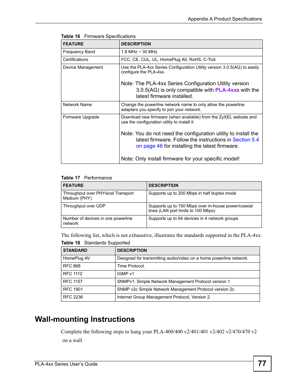Table 17 performance table 18 standards supported, Wall-mounting instructions | ZyXEL Communications PLA470 V2 User Manual | Page 77 / 92