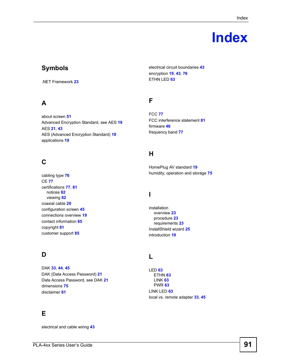 Index, Index (91), Symbols | ZyXEL Communications PLA470 V2 User Manual | Page 91 / 92
