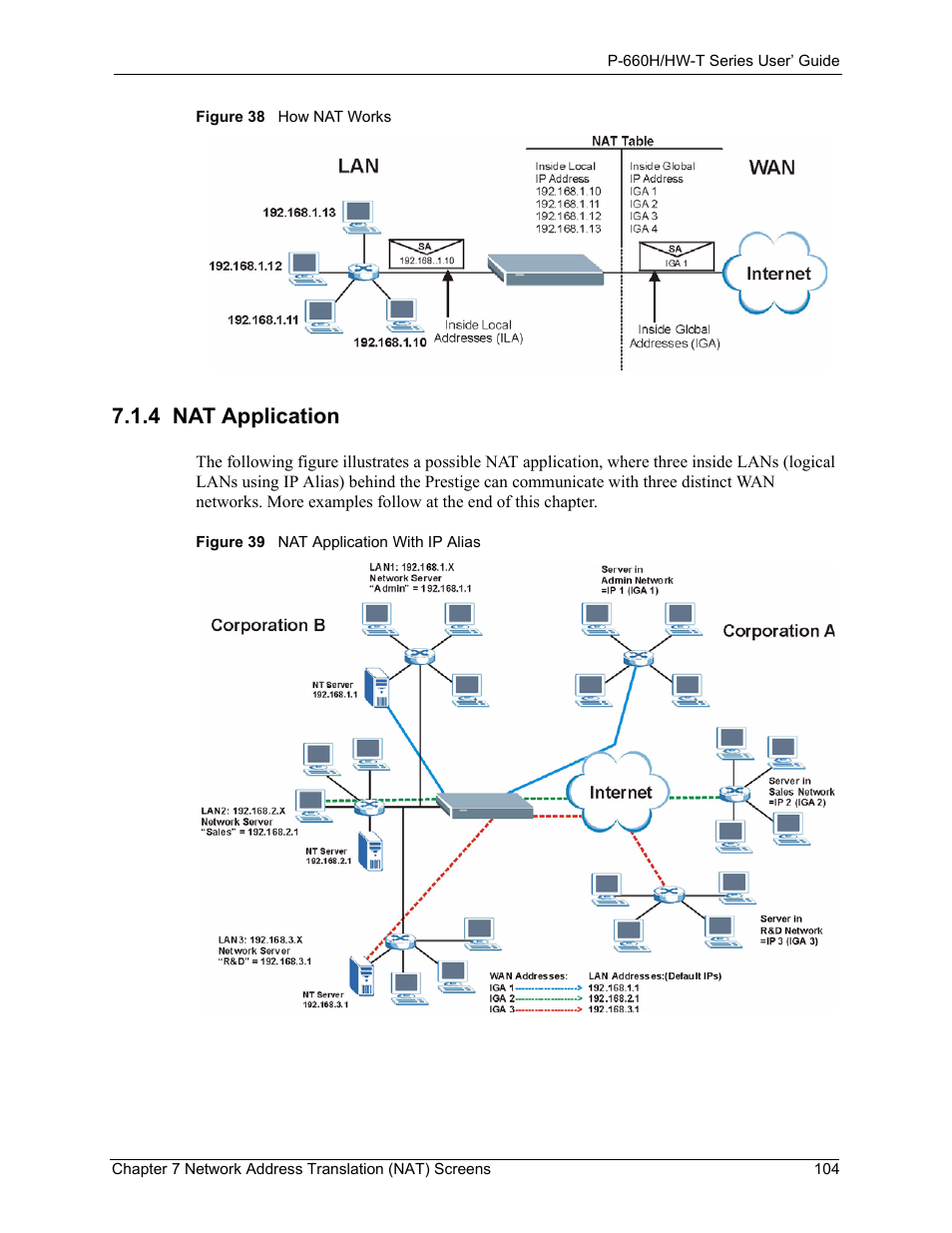 4 nat application, Figure 38 how nat works, Figure 39 nat application with ip alias | ZyXEL Communications P-660H-T Series User Manual | Page 105 / 466