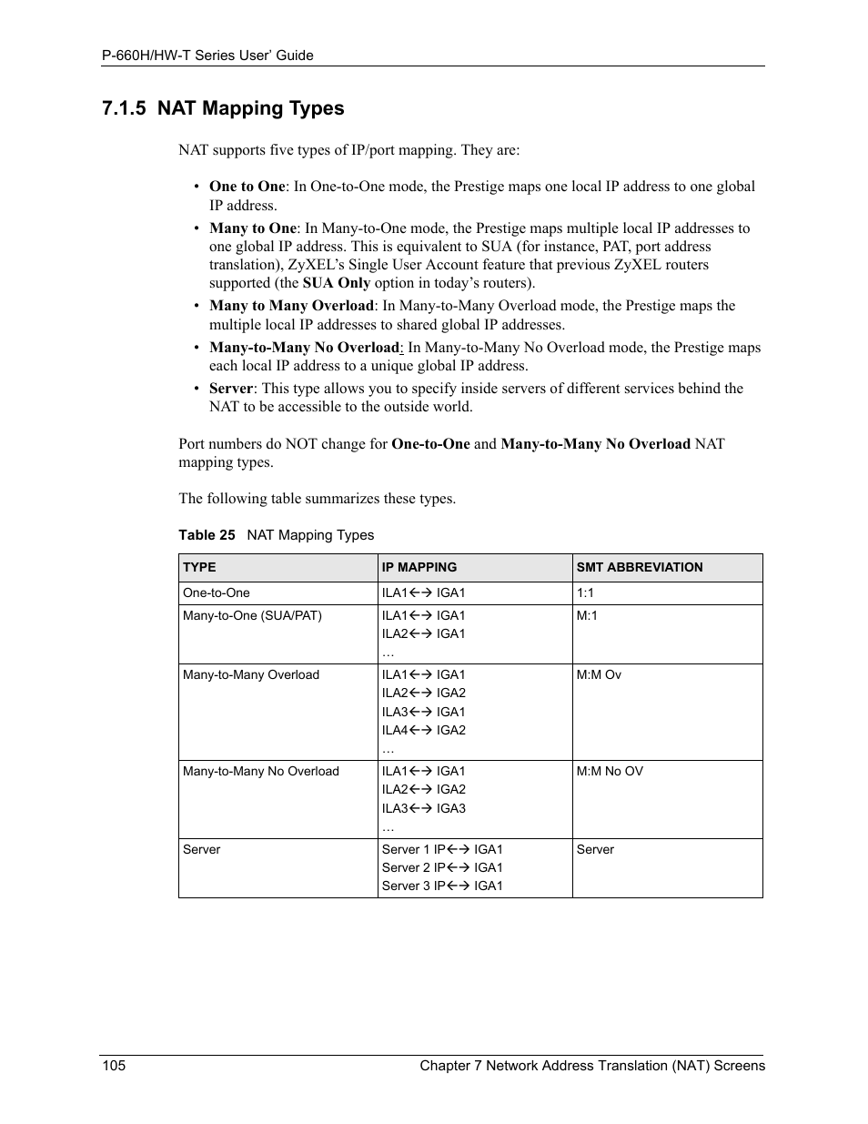 5 nat mapping types, Table 25 nat mapping types | ZyXEL Communications P-660H-T Series User Manual | Page 106 / 466
