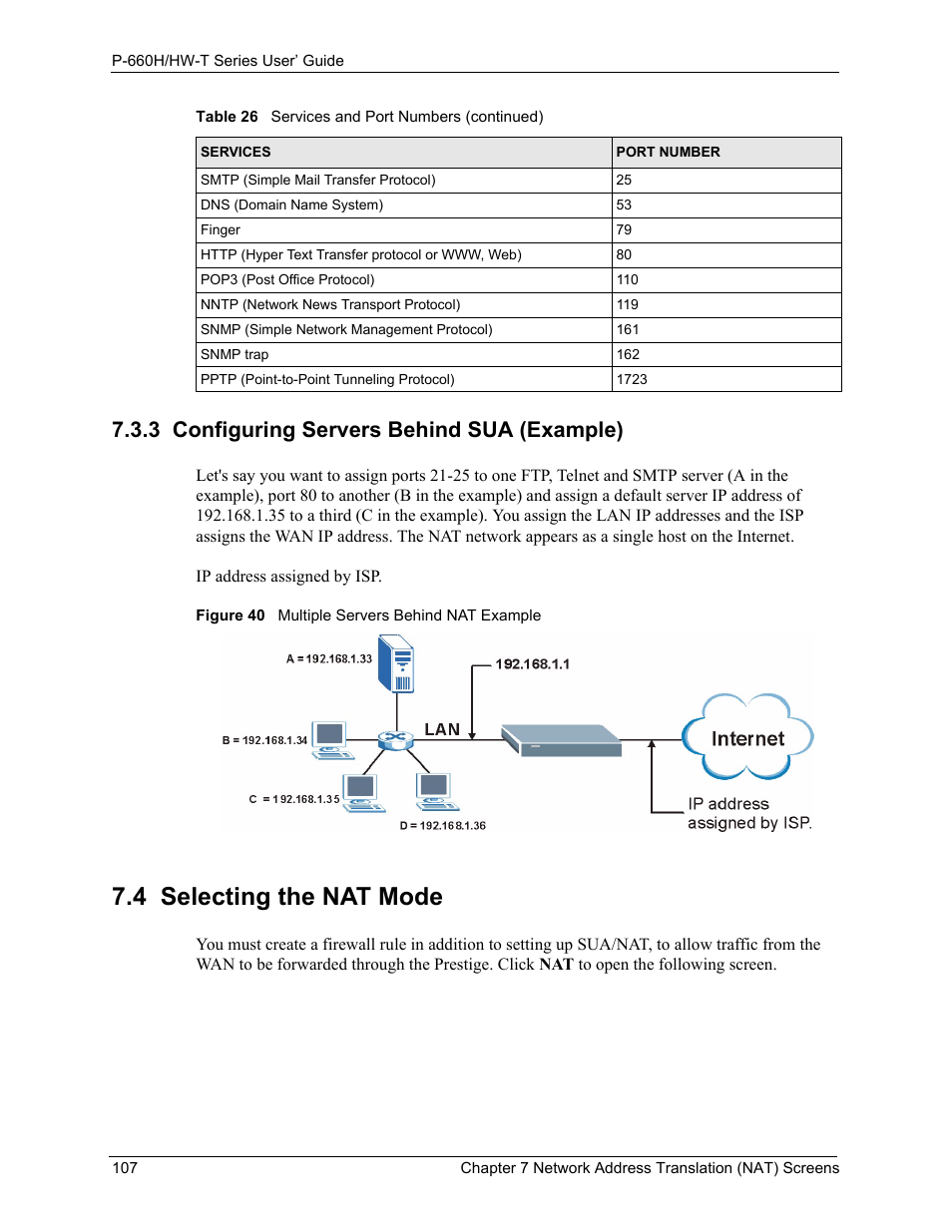 3 configuring servers behind sua (example), 4 selecting the nat mode, Figure 40 multiple servers behind nat example | ZyXEL Communications P-660H-T Series User Manual | Page 108 / 466