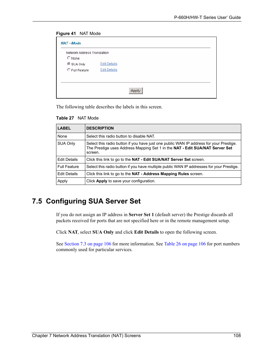 5 configuring sua server set, Figure 41 nat mode, Table 27 nat mode | ZyXEL Communications P-660H-T Series User Manual | Page 109 / 466
