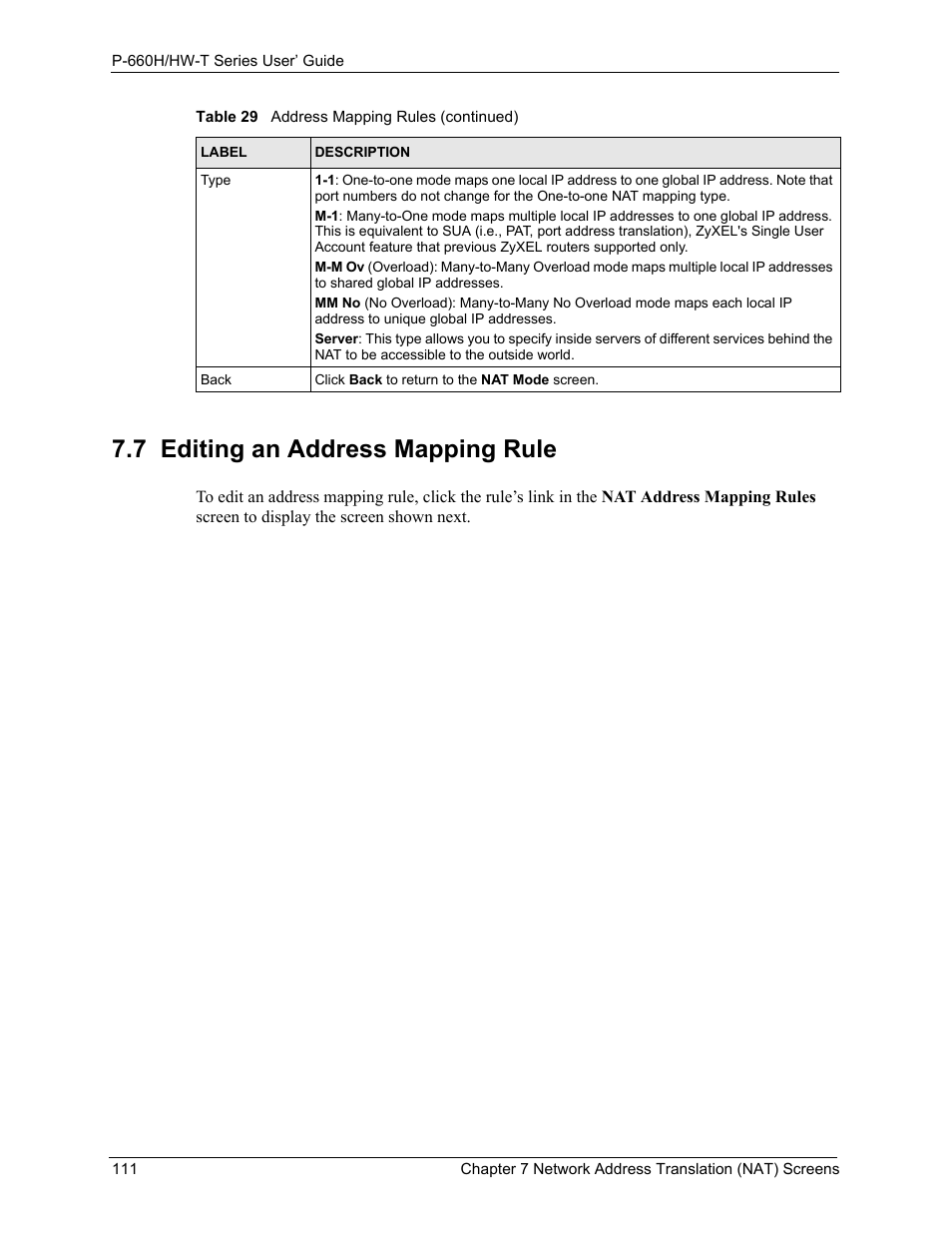 7 editing an address mapping rule | ZyXEL Communications P-660H-T Series User Manual | Page 112 / 466