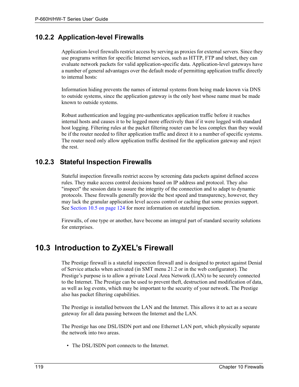 2 application-level firewalls, 3 stateful inspection firewalls, 3 introduction to zyxel’s firewall | ZyXEL Communications P-660H-T Series User Manual | Page 120 / 466