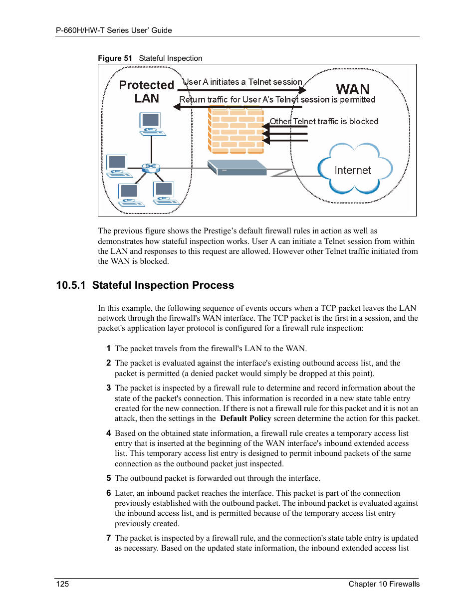 1 stateful inspection process, Figure 51 stateful inspection | ZyXEL Communications P-660H-T Series User Manual | Page 126 / 466
