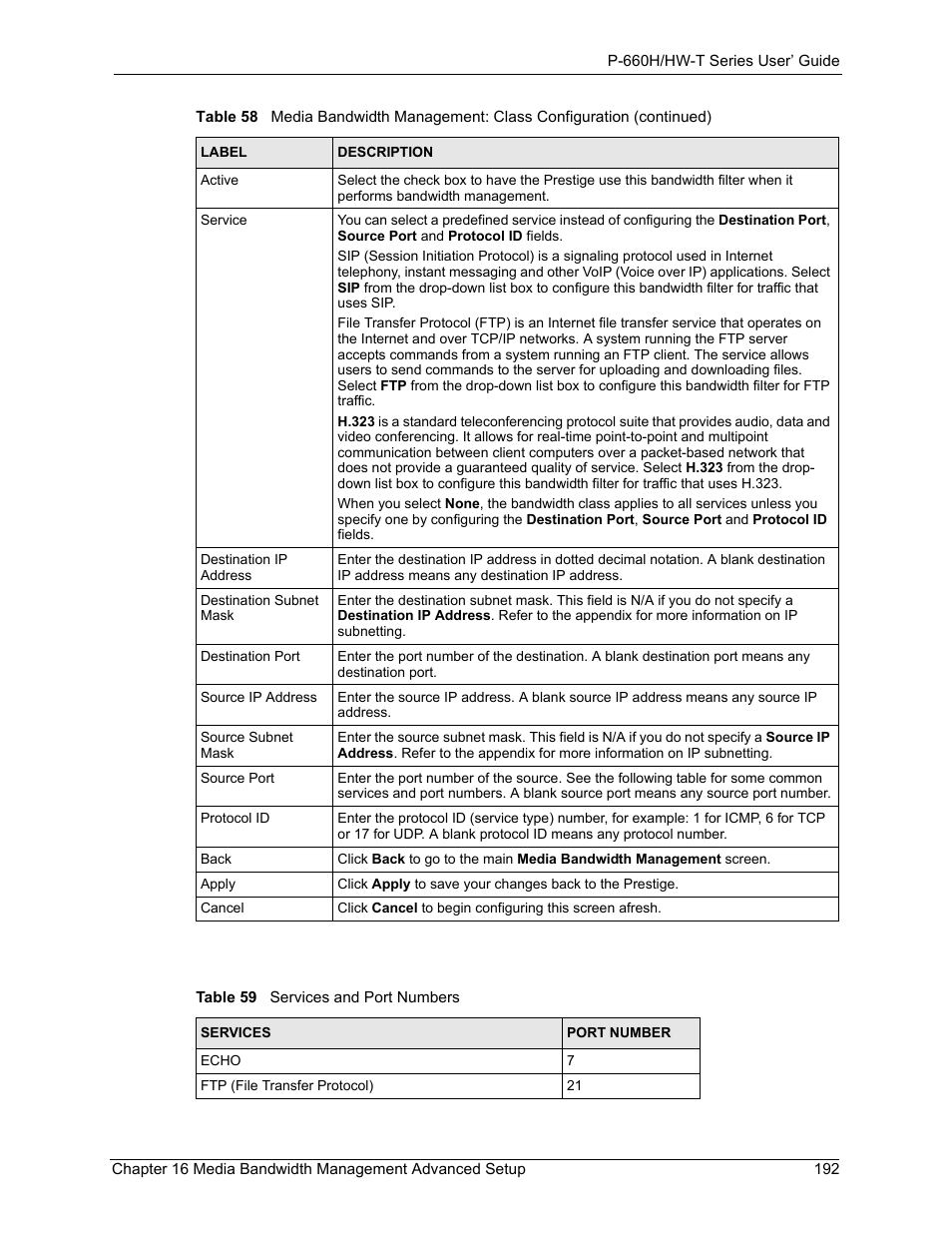 Table 59 services and port numbers | ZyXEL Communications P-660H-T Series User Manual | Page 193 / 466
