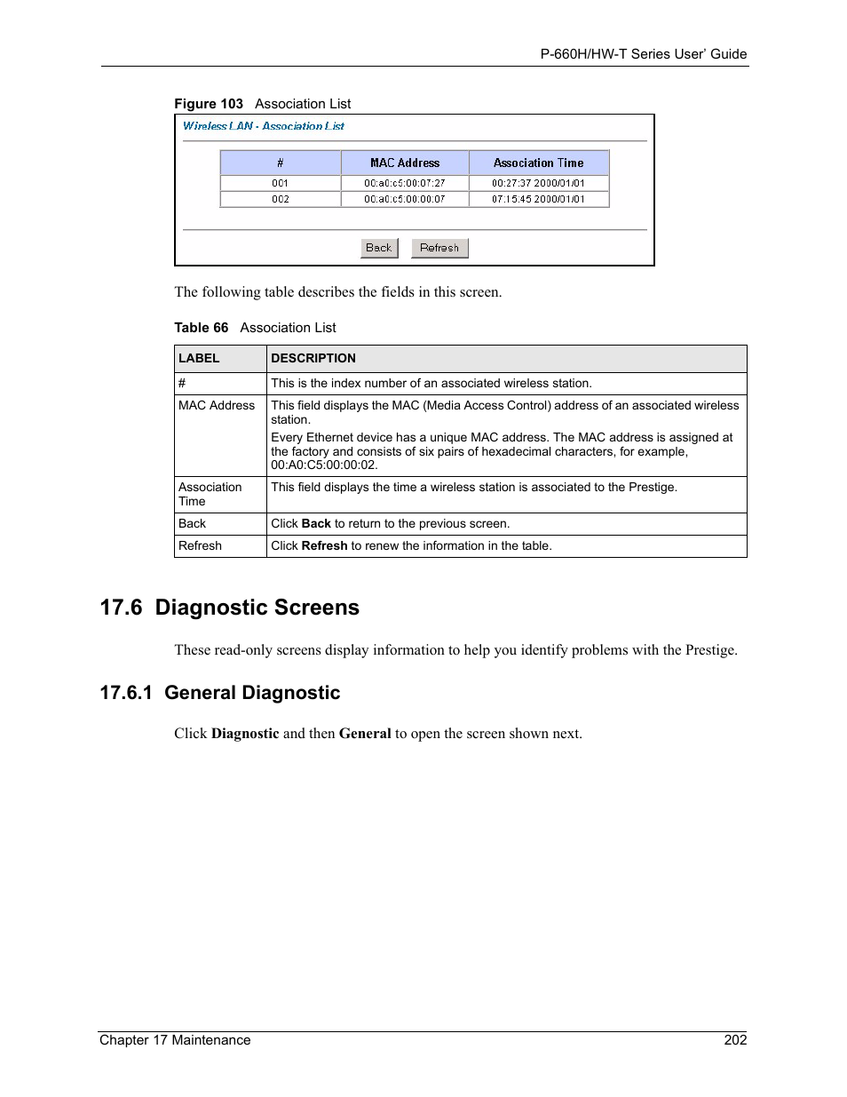6 diagnostic screens, 1 general diagnostic, Figure 103 association list | Table 66 association list | ZyXEL Communications P-660H-T Series User Manual | Page 203 / 466