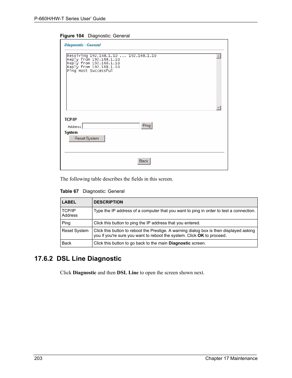2 dsl line diagnostic, Figure 104 diagnostic: general, Table 67 diagnostic: general | ZyXEL Communications P-660H-T Series User Manual | Page 204 / 466
