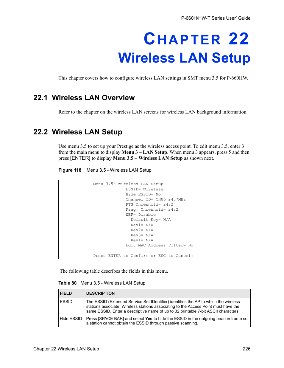 Wireless lan setup, 1 wireless lan overview, 2 wireless lan setup | Chapter 22 wireless lan setup, 1 wireless lan overview 22.2 wireless lan setup, Figure 118 menu 3.5 - wireless lan setup, Table 80 menu 3.5 - wireless lan setup | ZyXEL Communications P-660H-T Series User Manual | Page 227 / 466