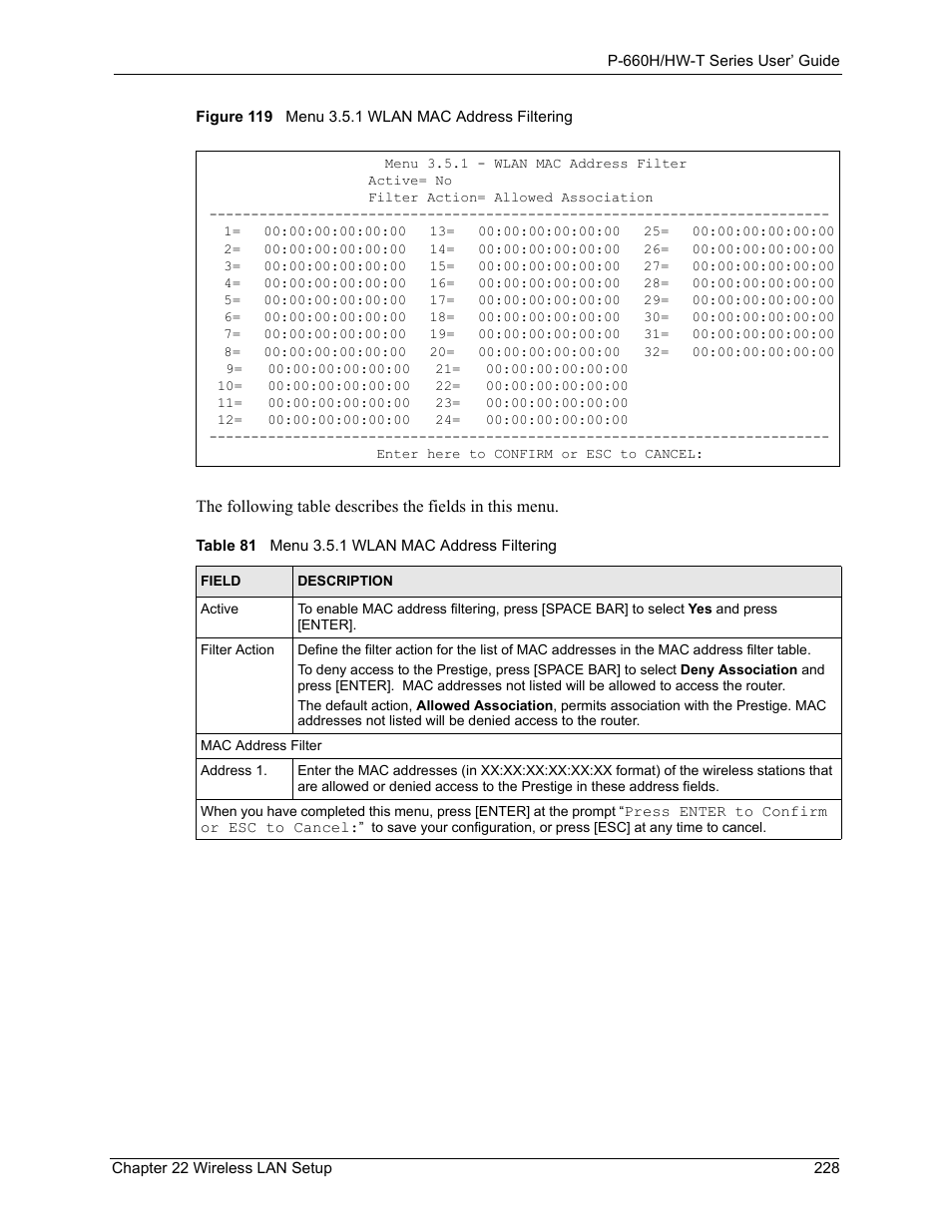 Figure 119 menu 3.5.1 wlan mac address filtering, Table 81 menu 3.5.1 wlan mac address filtering | ZyXEL Communications P-660H-T Series User Manual | Page 229 / 466