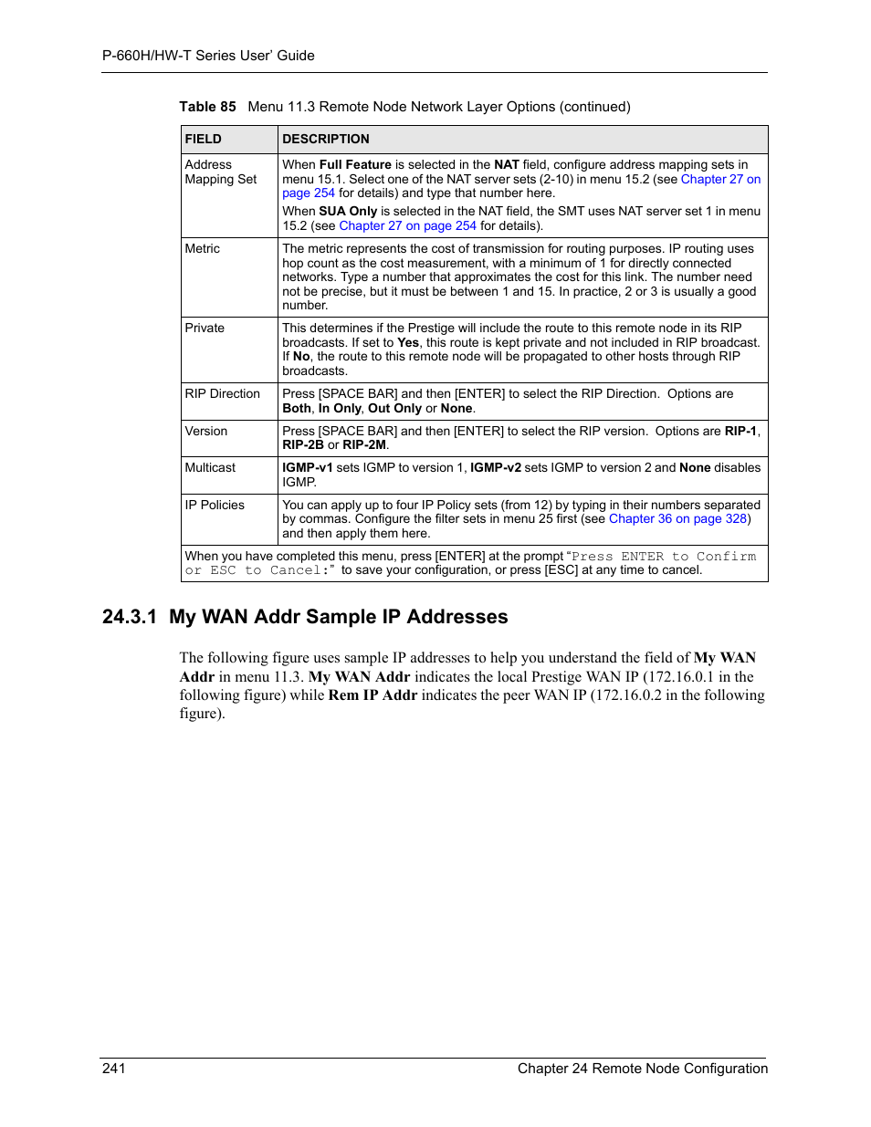1 my wan addr sample ip addresses | ZyXEL Communications P-660H-T Series User Manual | Page 242 / 466