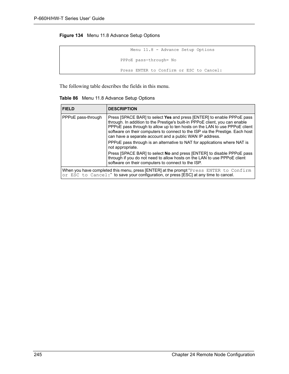 Figure 134 menu 11.8 advance setup options, Table 86 menu 11.8 advance setup options | ZyXEL Communications P-660H-T Series User Manual | Page 246 / 466