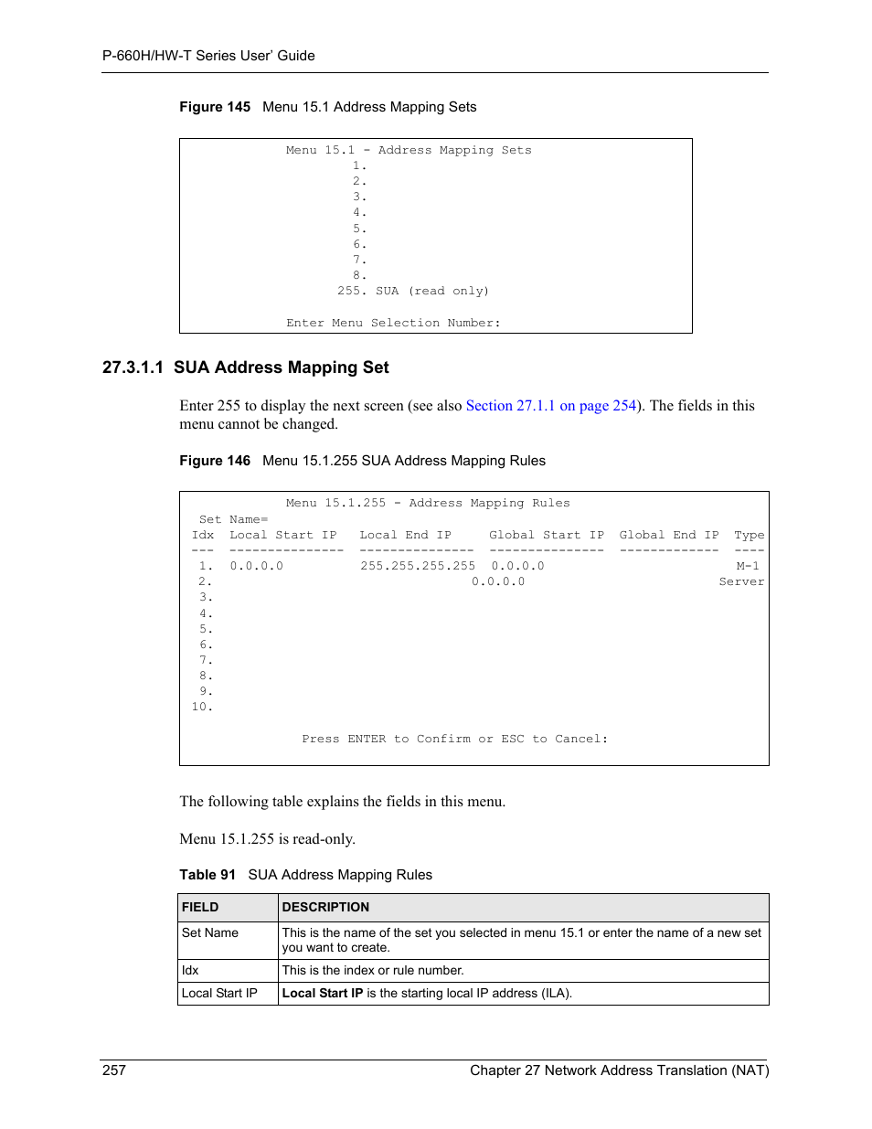 1 sua address mapping set, Table 91 sua address mapping rules, Eld (see | Ing set 255 (see, Figure 146 on, Choose | ZyXEL Communications P-660H-T Series User Manual | Page 258 / 466