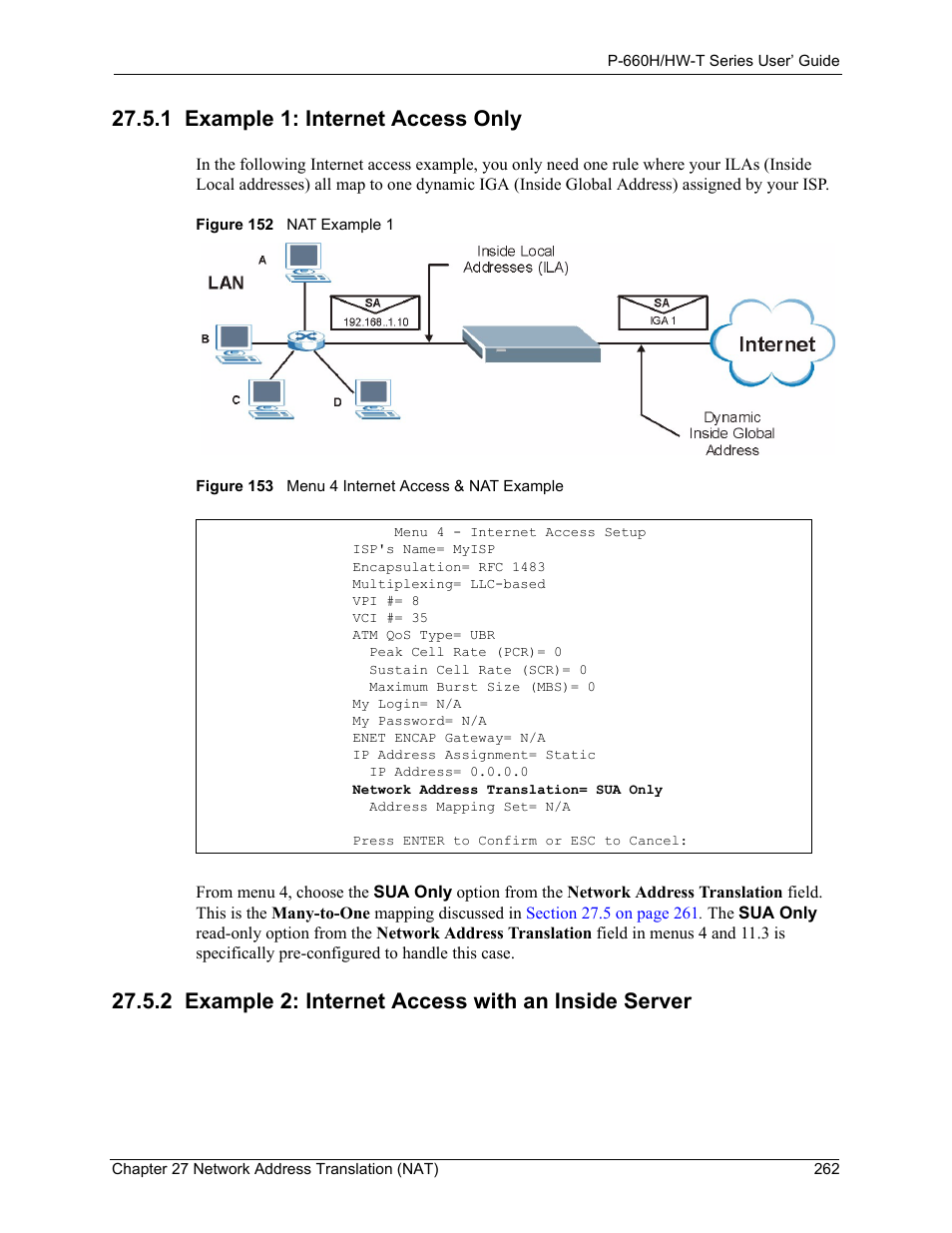 1 example 1: internet access only, 2 example 2: internet access with an inside server | ZyXEL Communications P-660H-T Series User Manual | Page 263 / 466