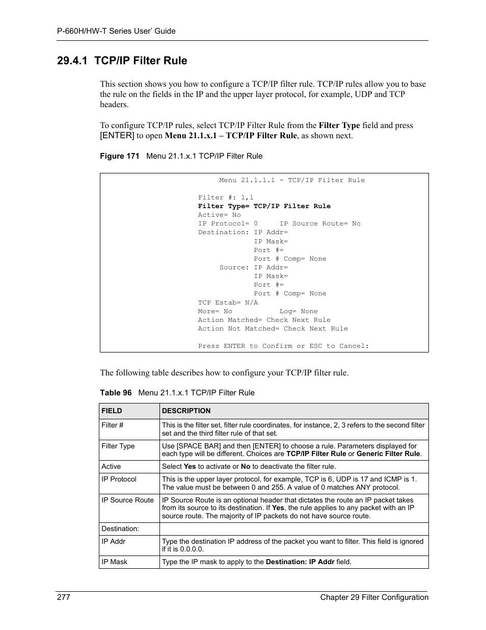 1 tcp/ip filter rule, Figure 171 menu 21.1.x.1 tcp/ip filter rule, Table 96 menu 21.1.x.1 tcp/ip filter rule | ZyXEL Communications P-660H-T Series User Manual | Page 278 / 466