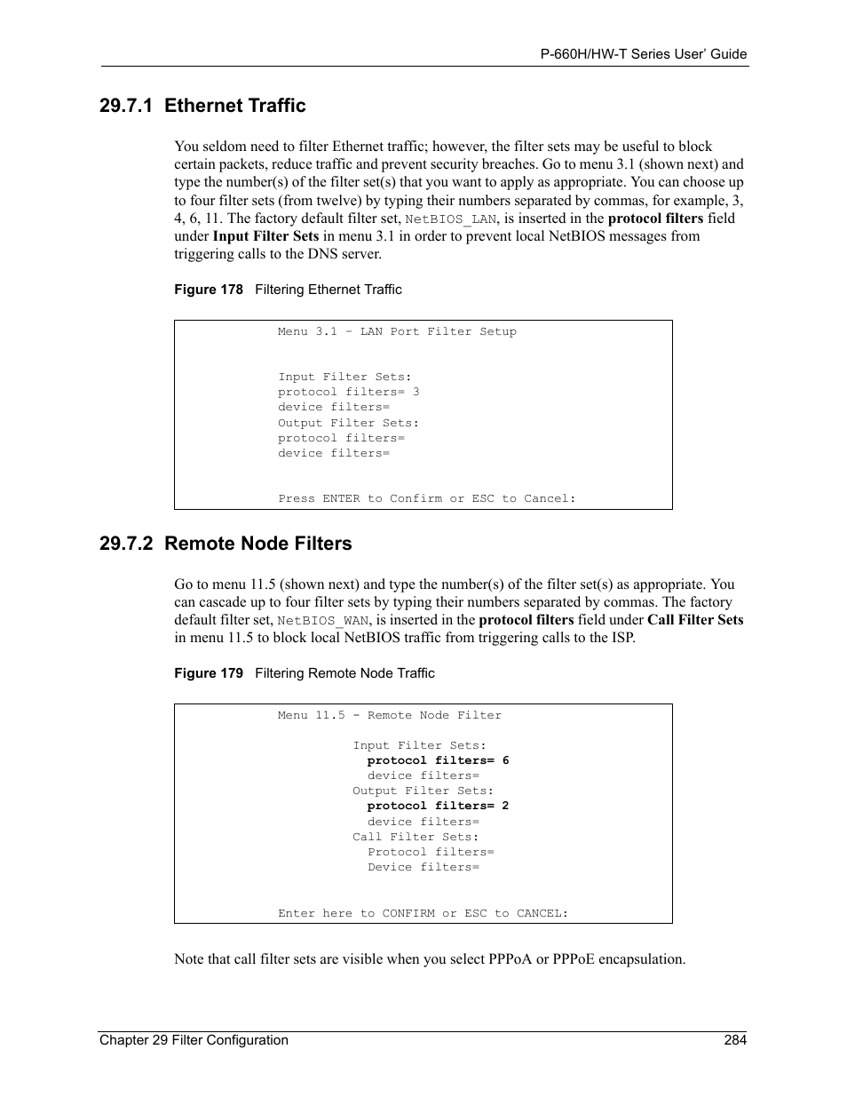 1 ethernet traffic, 2 remote node filters, 1 ethernet traffic 29.7.2 remote node filters | ZyXEL Communications P-660H-T Series User Manual | Page 285 / 466
