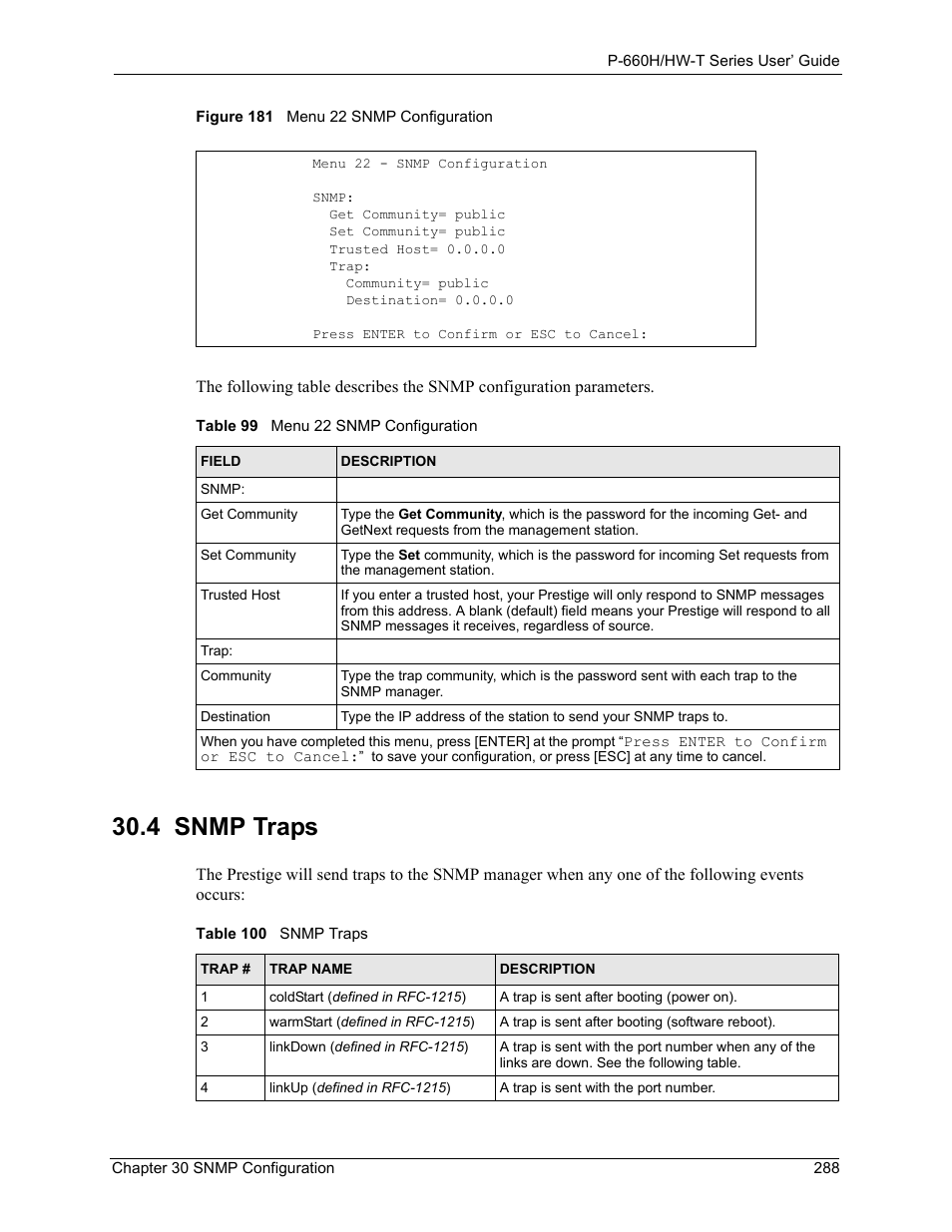 4 snmp traps, Figure 181 menu 22 snmp configuration | ZyXEL Communications P-660H-T Series User Manual | Page 289 / 466