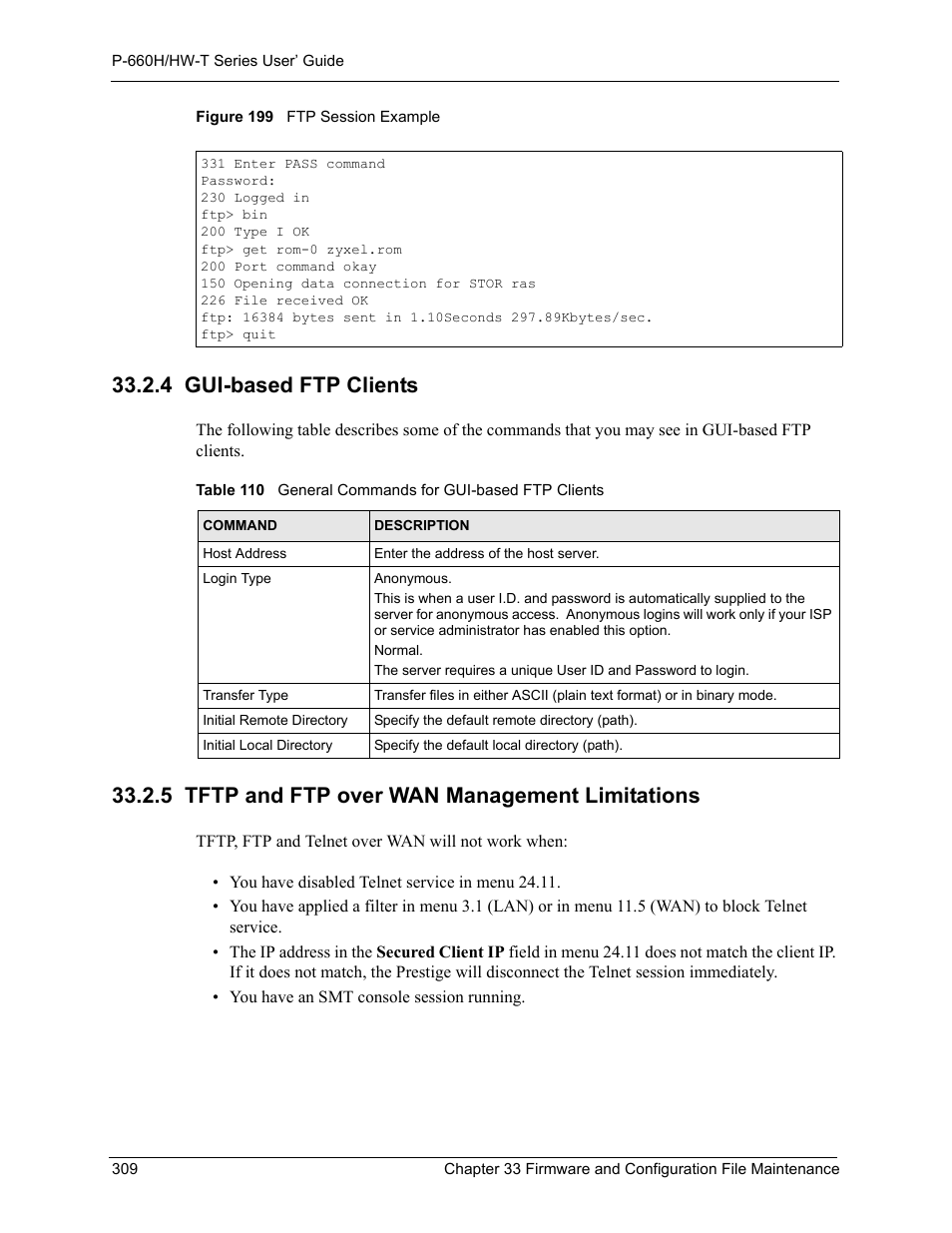 4 gui-based ftp clients, 5 tftp and ftp over wan management limitations, Figure 199 ftp session example | ZyXEL Communications P-660H-T Series User Manual | Page 310 / 466