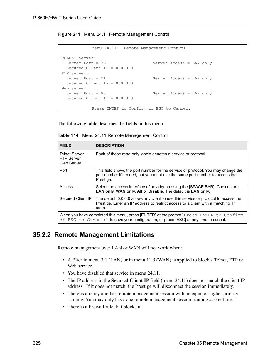 2 remote management limitations, Figure 211 menu 24.11 remote management control, Table 114 menu 24.11 remote management control | ZyXEL Communications P-660H-T Series User Manual | Page 326 / 466