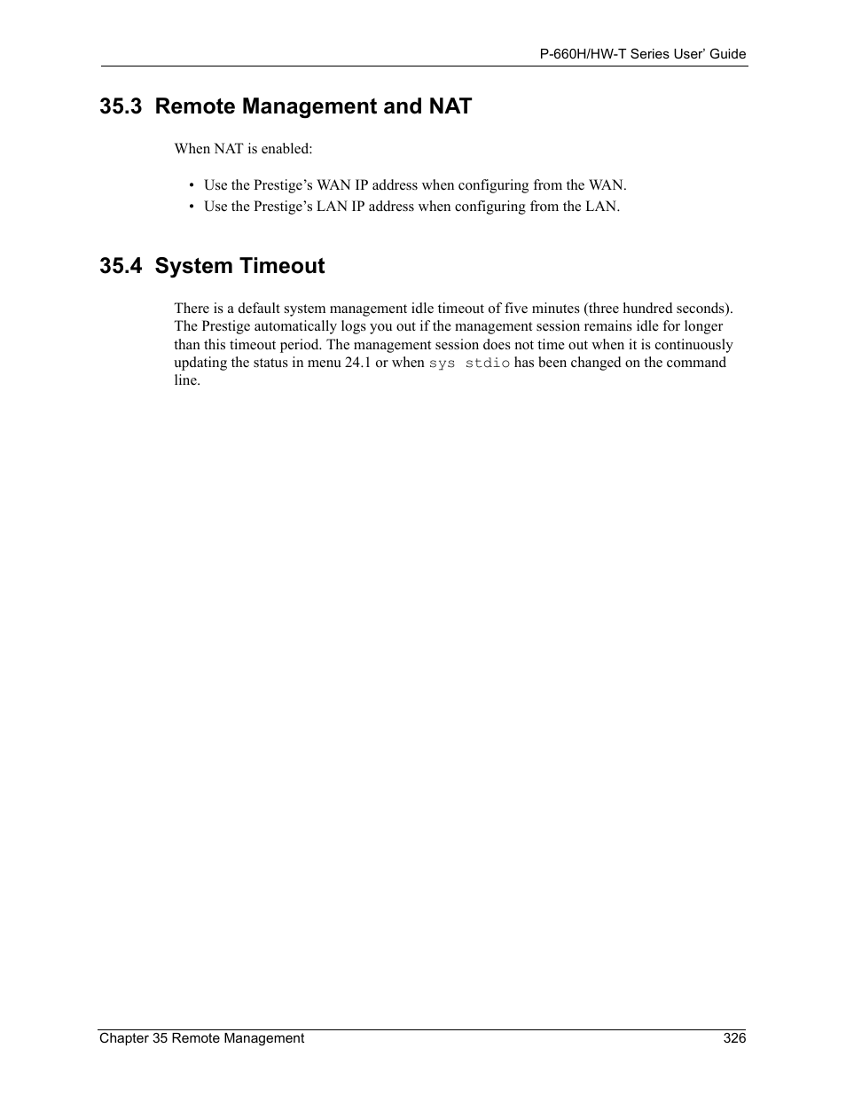 3 remote management and nat, 4 system timeout, 3 remote management and nat 35.4 system timeout | ZyXEL Communications P-660H-T Series User Manual | Page 327 / 466