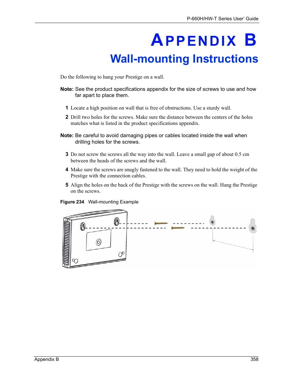Wall-mounting instructions, Appendix b wall-mounting instructions, Figure 234 wall-mounting example | ZyXEL Communications P-660H-T Series User Manual | Page 359 / 466