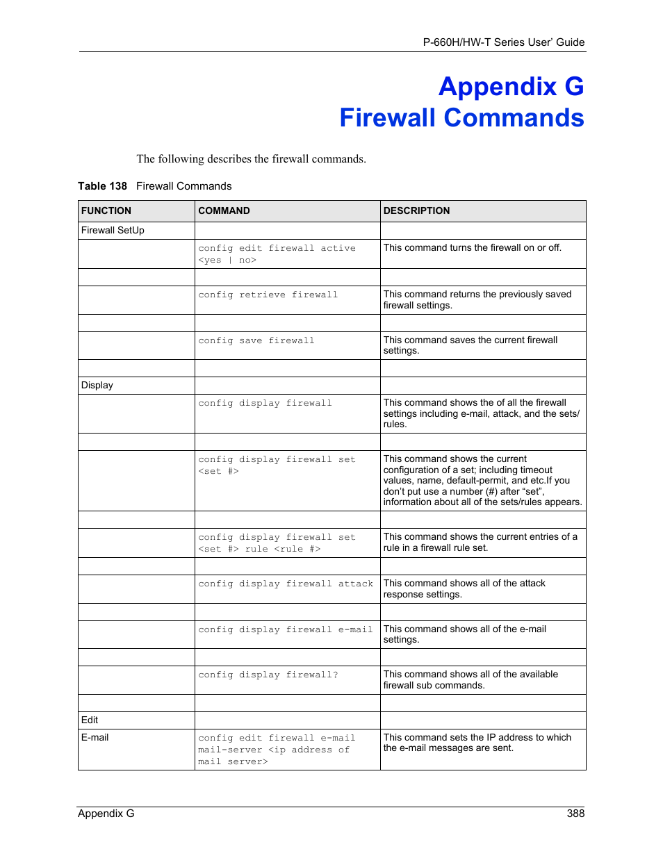 Firewall commands, Appendix g firewall commands, Table 138 firewall commands | ZyXEL Communications P-660H-T Series User Manual | Page 389 / 466
