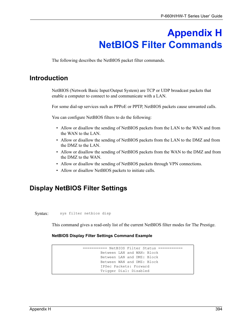 Netbios filter commands, Appendix h netbios filter commands, Introduction display netbios filter settings | Introduction, Display netbios filter settings | ZyXEL Communications P-660H-T Series User Manual | Page 395 / 466