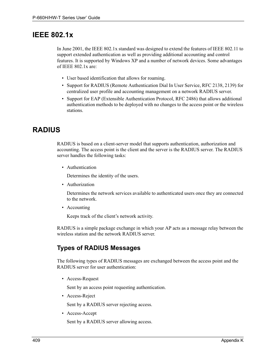 Ieee 802.1x radius, Ieee 802.1x, Radius | Types of radius messages | ZyXEL Communications P-660H-T Series User Manual | Page 410 / 466