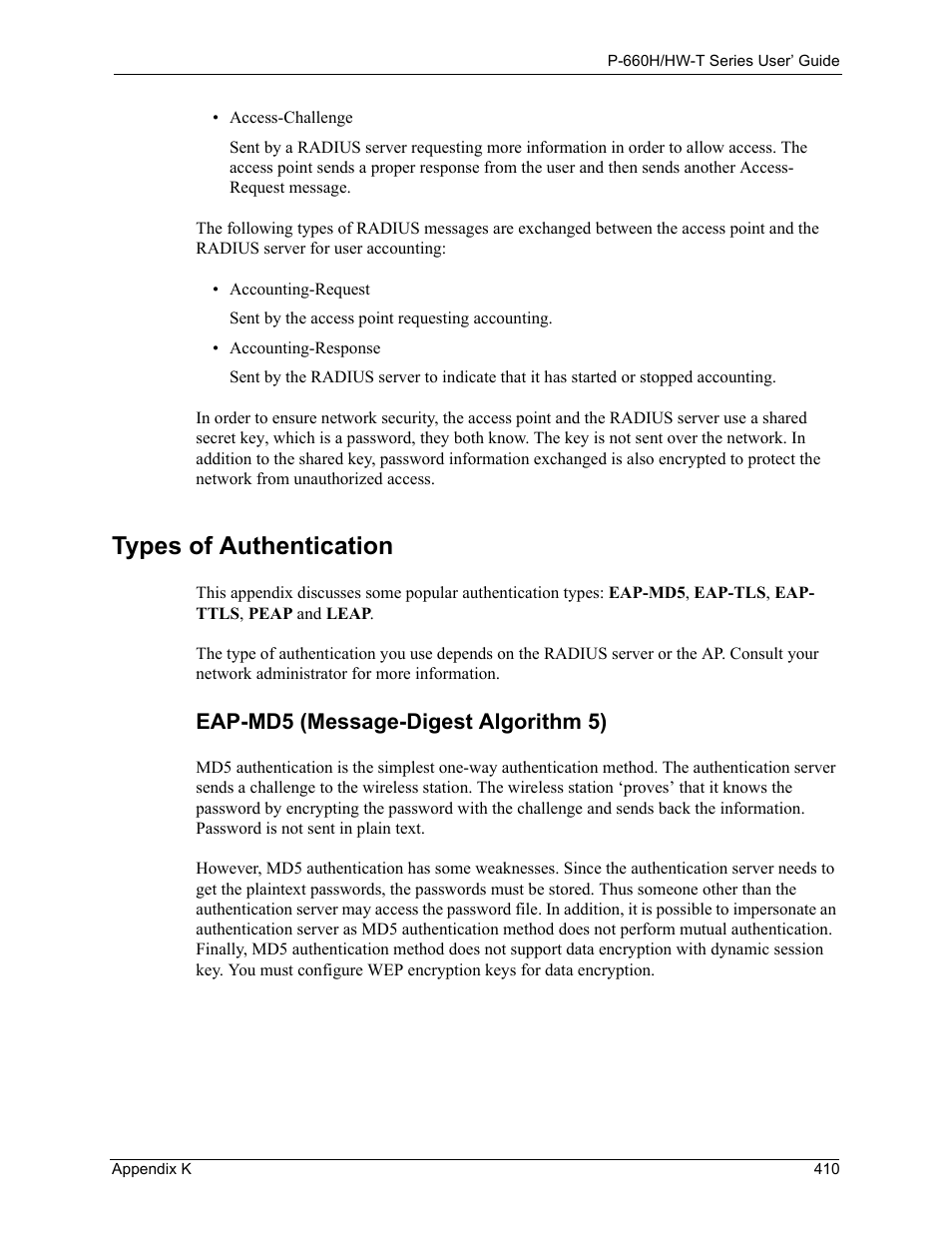 Types of authentication, Eap-md5 (message-digest algorithm 5) | ZyXEL Communications P-660H-T Series User Manual | Page 411 / 466