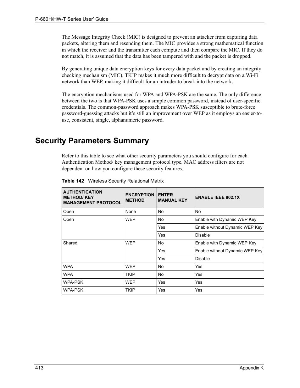 Security parameters summary, Table 142 wireless security relational matrix | ZyXEL Communications P-660H-T Series User Manual | Page 414 / 466