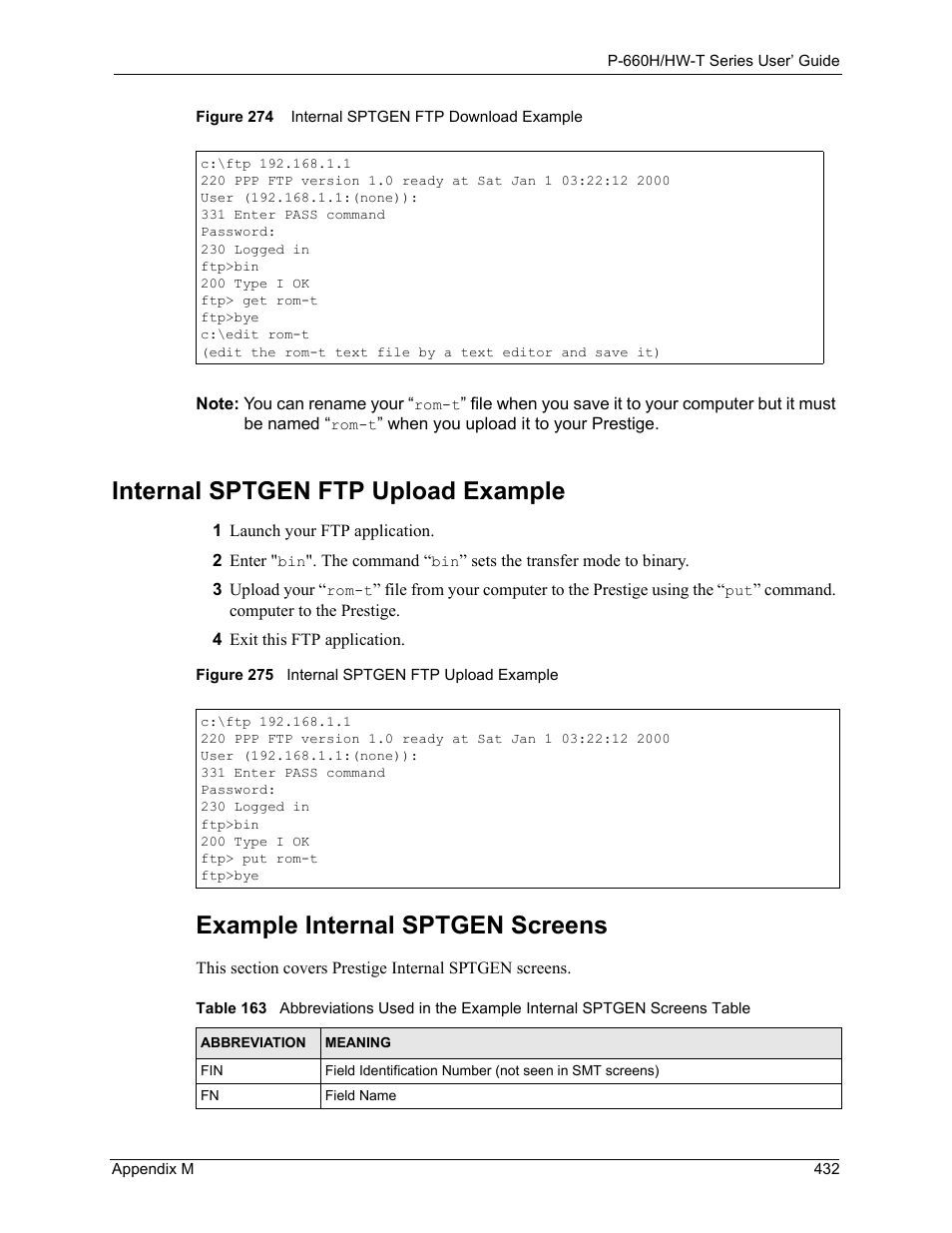 Internal sptgen ftp upload example, Example internal sptgen screens | ZyXEL Communications P-660H-T Series User Manual | Page 433 / 466