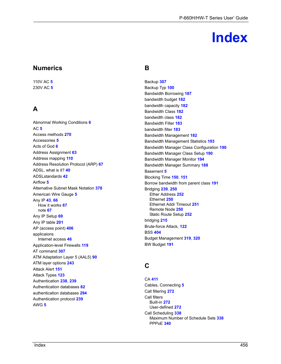 Index, Numerics | ZyXEL Communications P-660H-T Series User Manual | Page 457 / 466
