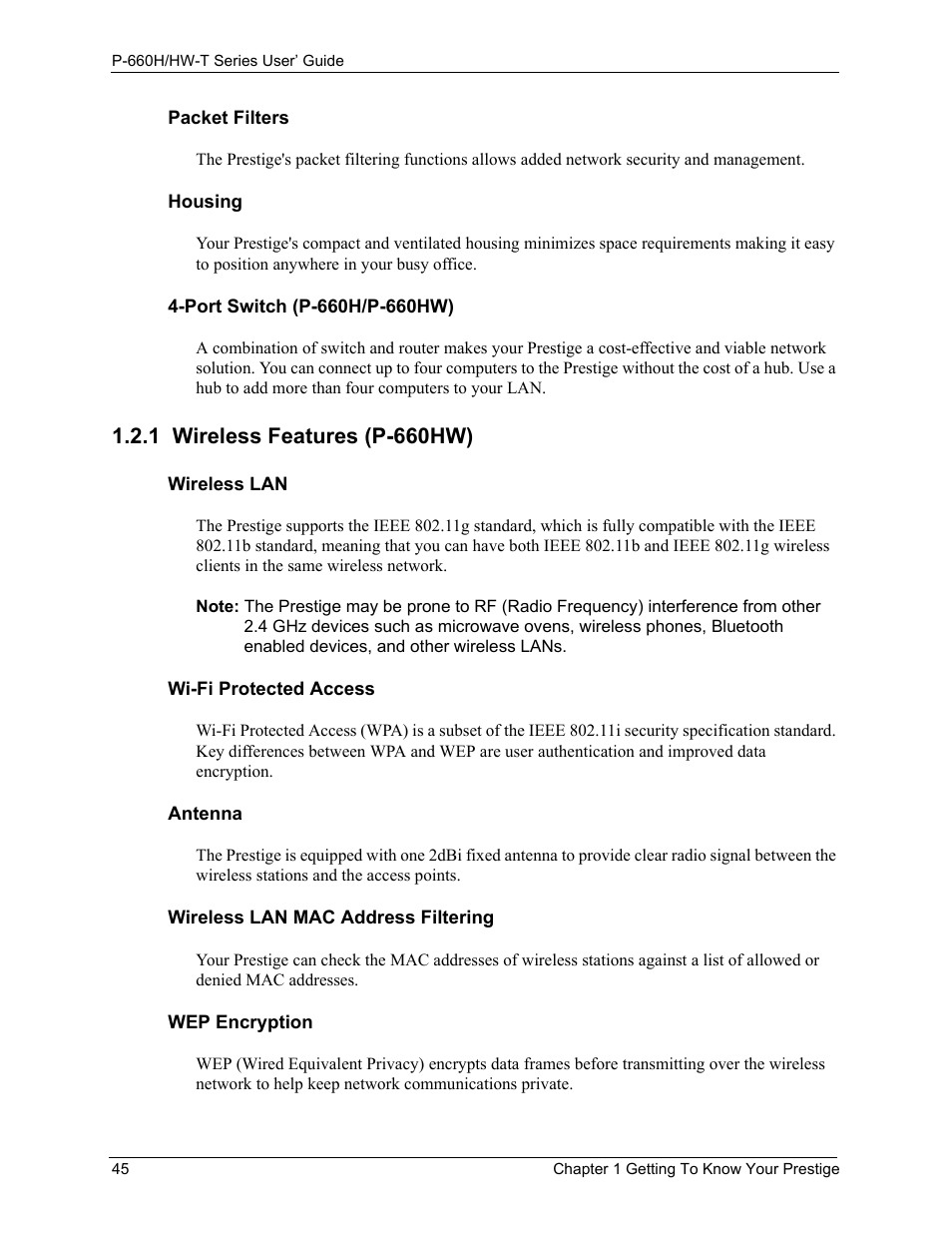 1 wireless features (p-660hw) | ZyXEL Communications P-660H-T Series User Manual | Page 46 / 466