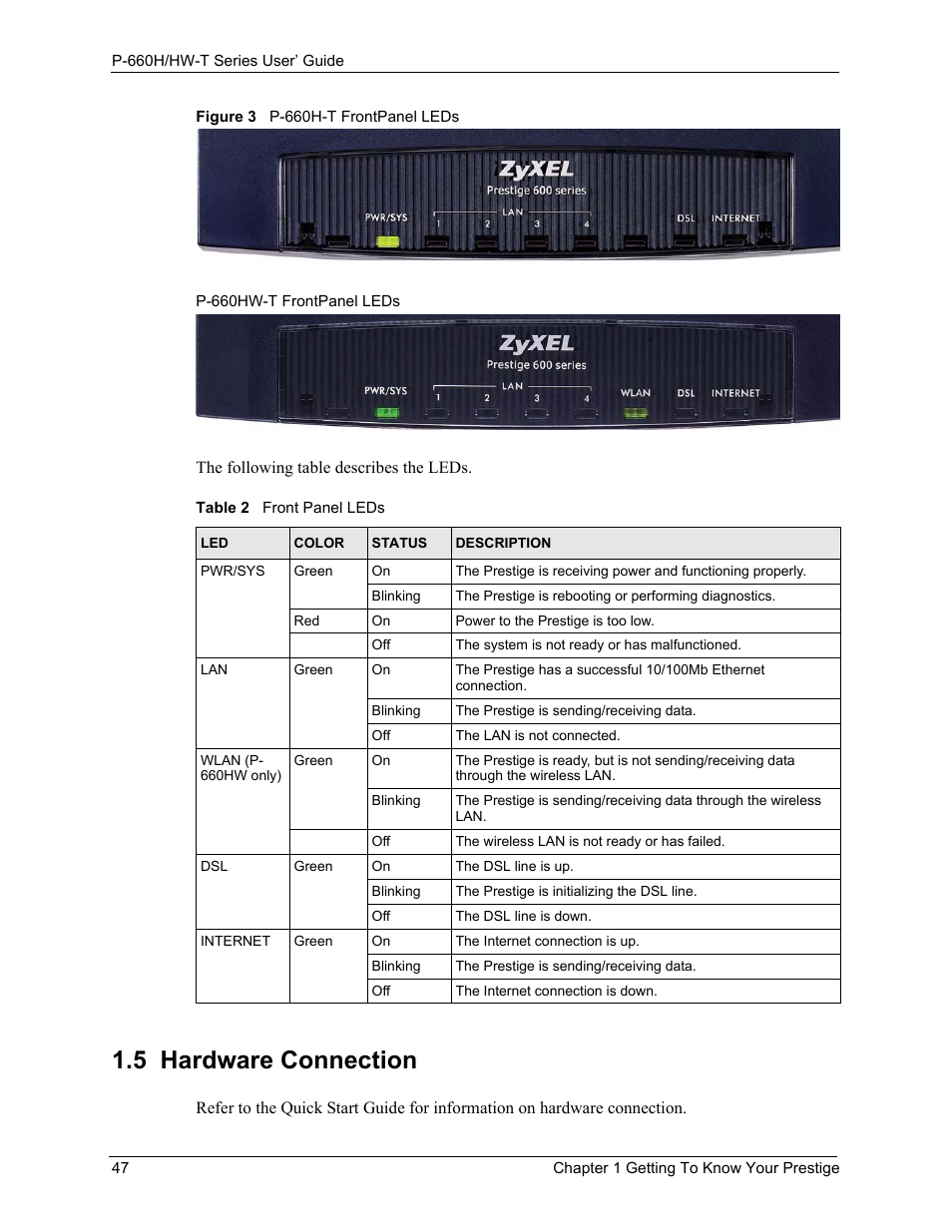 5 hardware connection, Figure 3 p-660h-t frontpanel leds, Table 2 front panel leds | ZyXEL Communications P-660H-T Series User Manual | Page 48 / 466