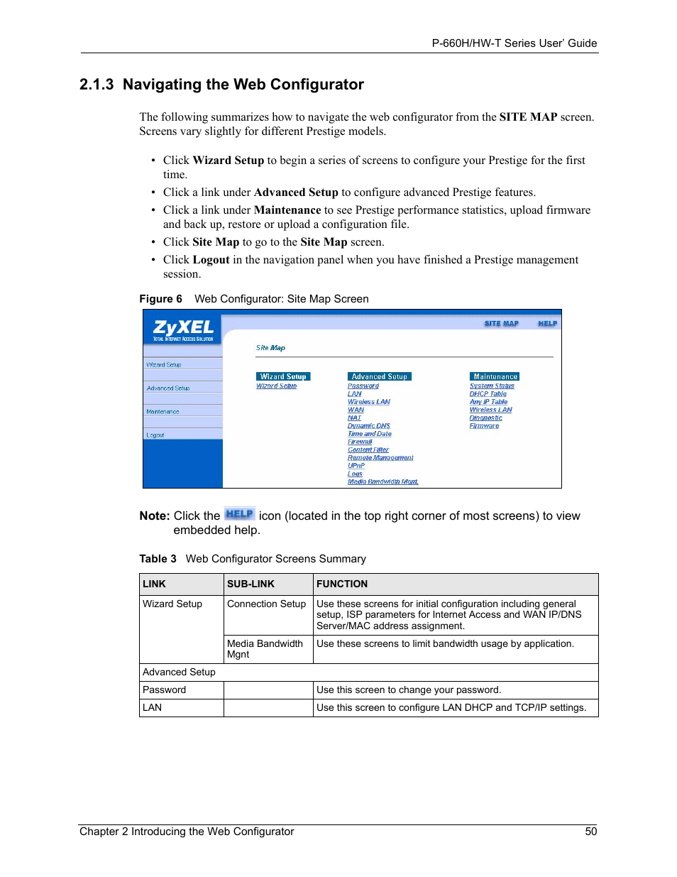3 navigating the web configurator, Figure 6 web configurator: site map screen, Table 3 web configurator screens summary | ZyXEL Communications P-660H-T Series User Manual | Page 51 / 466