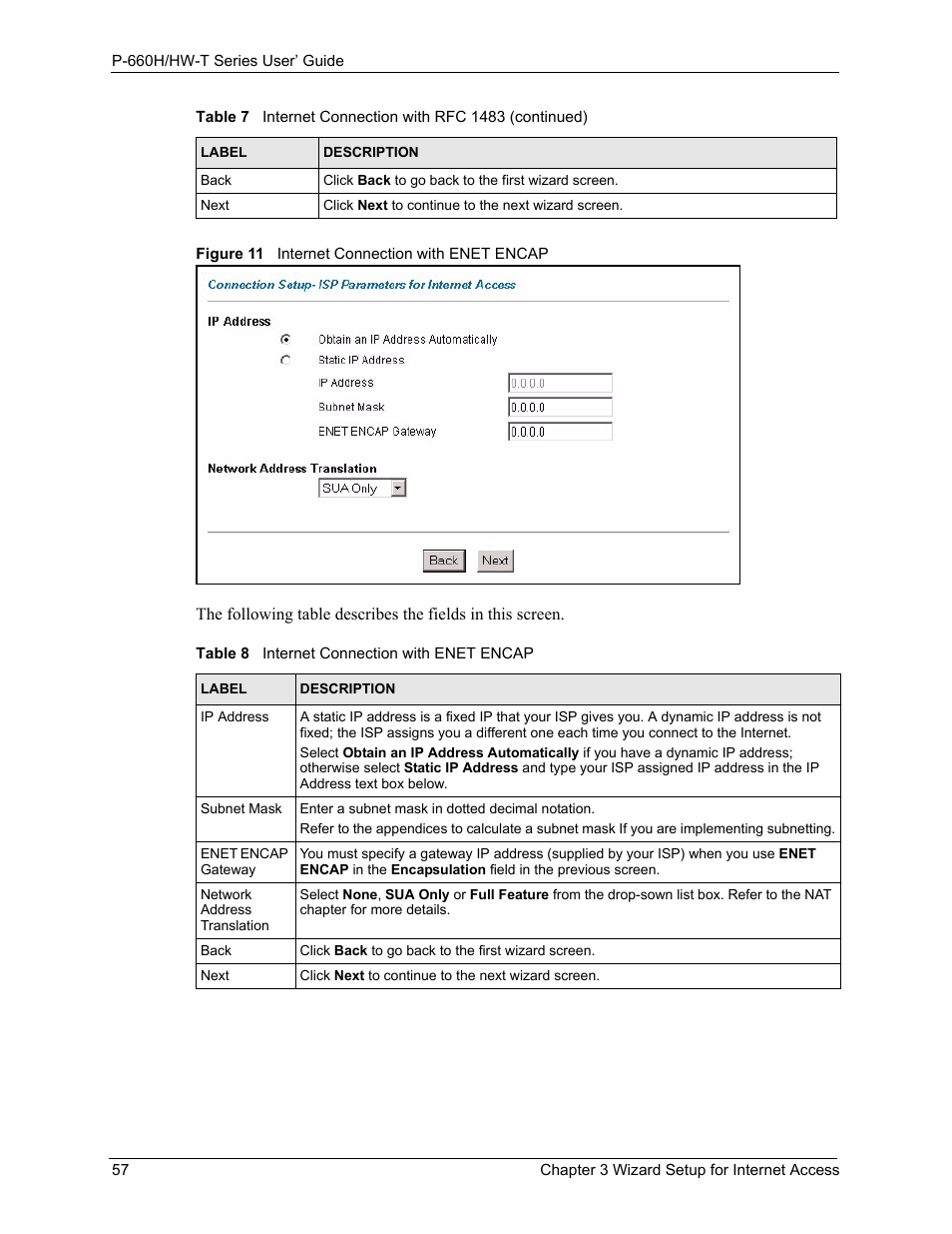 Figure 11 internet connection with enet encap, Table 8 internet connection with enet encap | ZyXEL Communications P-660H-T Series User Manual | Page 58 / 466