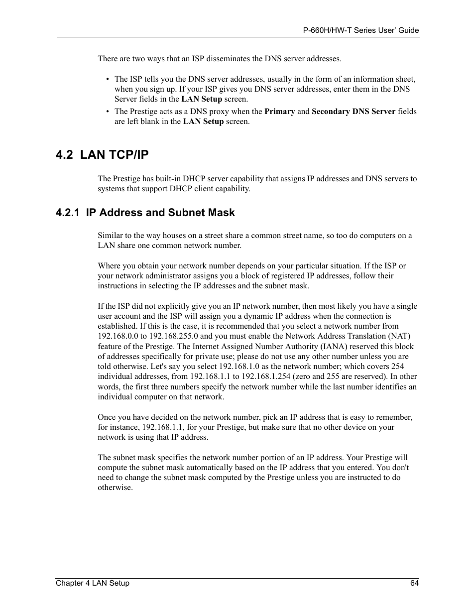 2 lan tcp/ip, 1 ip address and subnet mask | ZyXEL Communications P-660H-T Series User Manual | Page 65 / 466