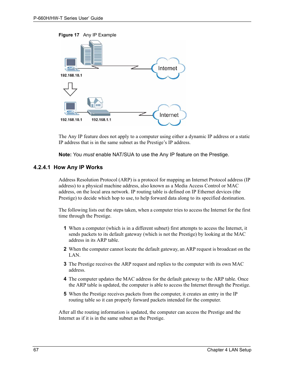 1 how any ip works, Figure 17 any ip example | ZyXEL Communications P-660H-T Series User Manual | Page 68 / 466