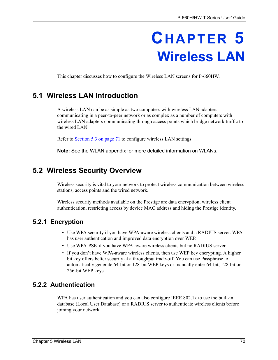 Wireless lan, 2 wireless security overview, 1 encryption | 2 authentication, Chapter 5 wireless lan, 1 encryption 5.2.2 authentication | ZyXEL Communications P-660H-T Series User Manual | Page 71 / 466