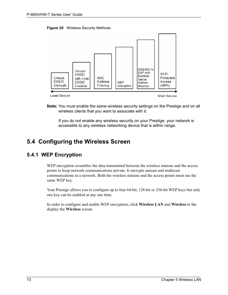 1 wep encryption, 4 configuring the wireless screen, Figure 20 wireless security methods | ZyXEL Communications P-660H-T Series User Manual | Page 74 / 466