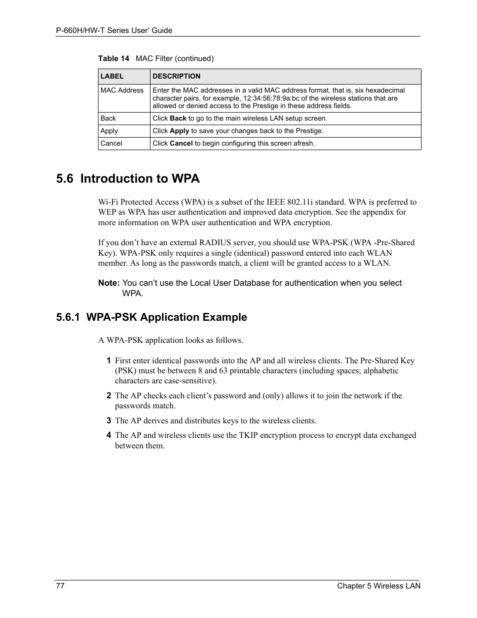1 wpa-psk application example, 6 introduction to wpa | ZyXEL Communications P-660H-T Series User Manual | Page 78 / 466