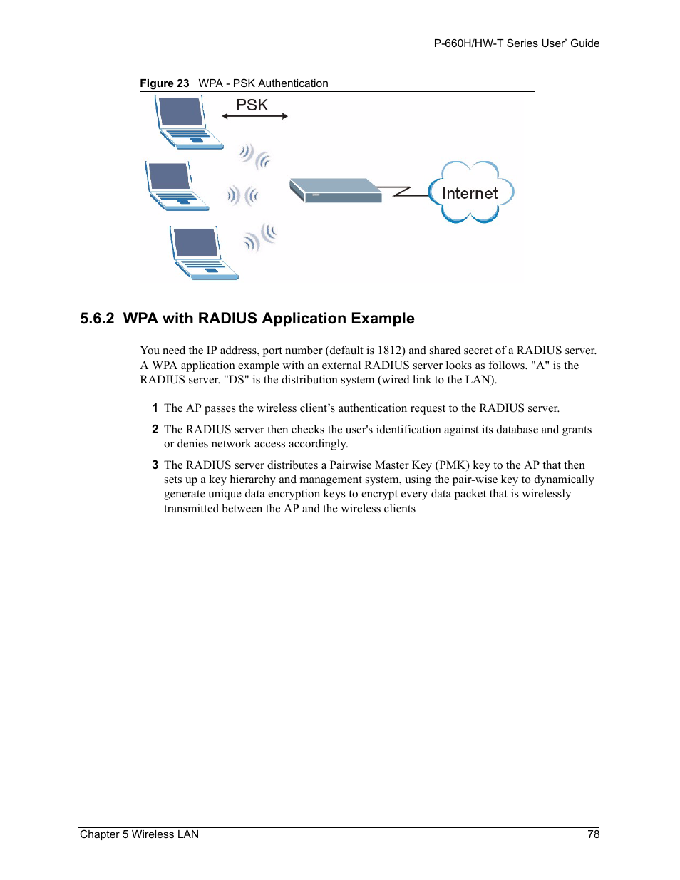 2 wpa with radius application example, Figure 23 wpa - psk authentication | ZyXEL Communications P-660H-T Series User Manual | Page 79 / 466