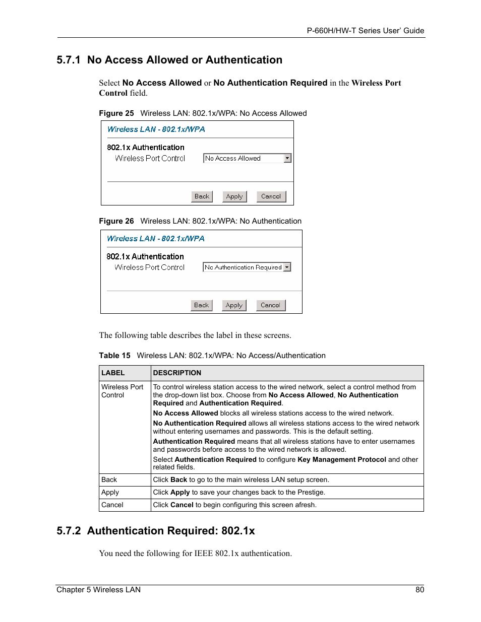 1 no access allowed or authentication, 2 authentication required: 802.1x | ZyXEL Communications P-660H-T Series User Manual | Page 81 / 466