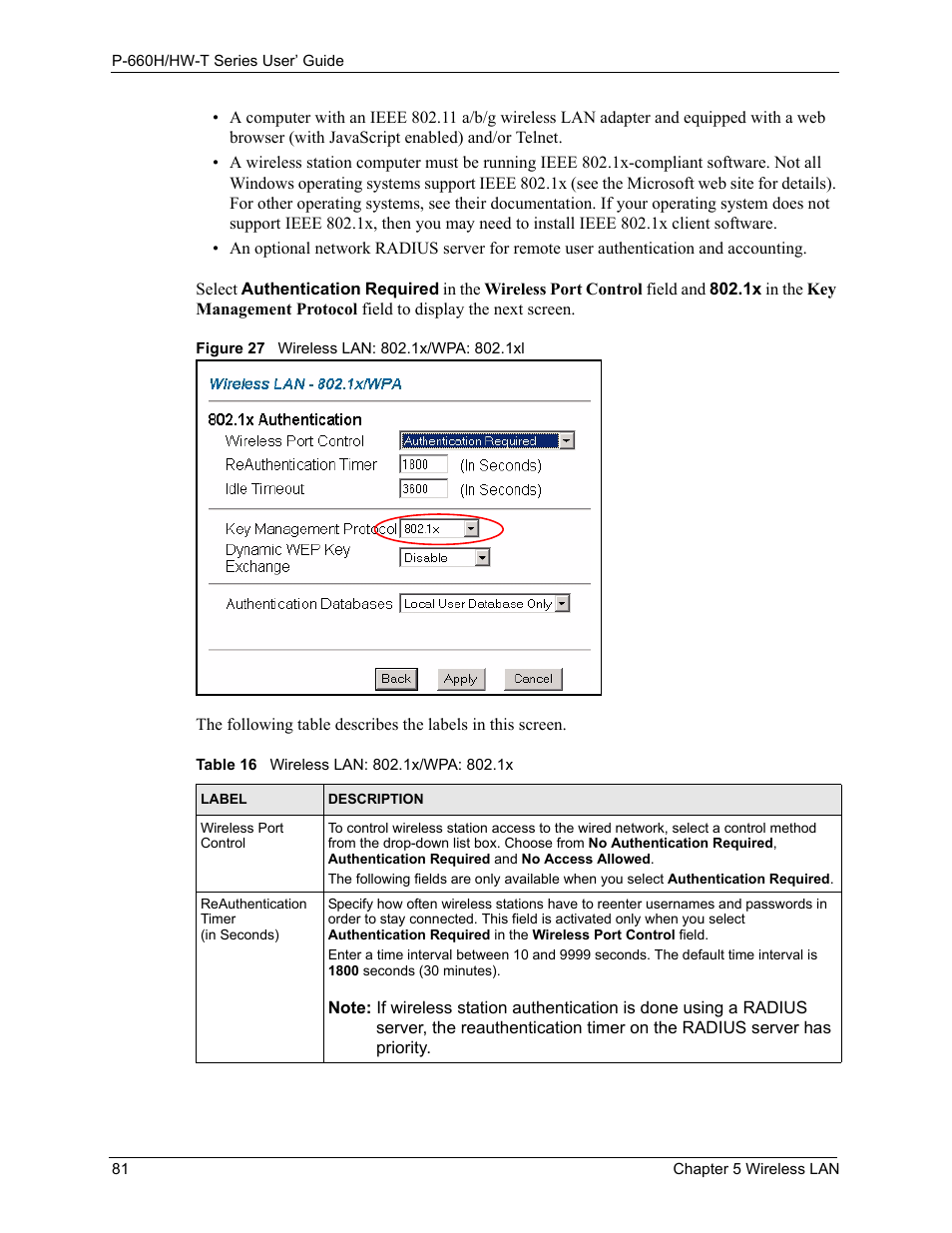 Figure 27 wireless lan: 802.1x/wpa: 802.1xl, Table 16 wireless lan: 802.1x/wpa: 802.1x | ZyXEL Communications P-660H-T Series User Manual | Page 82 / 466