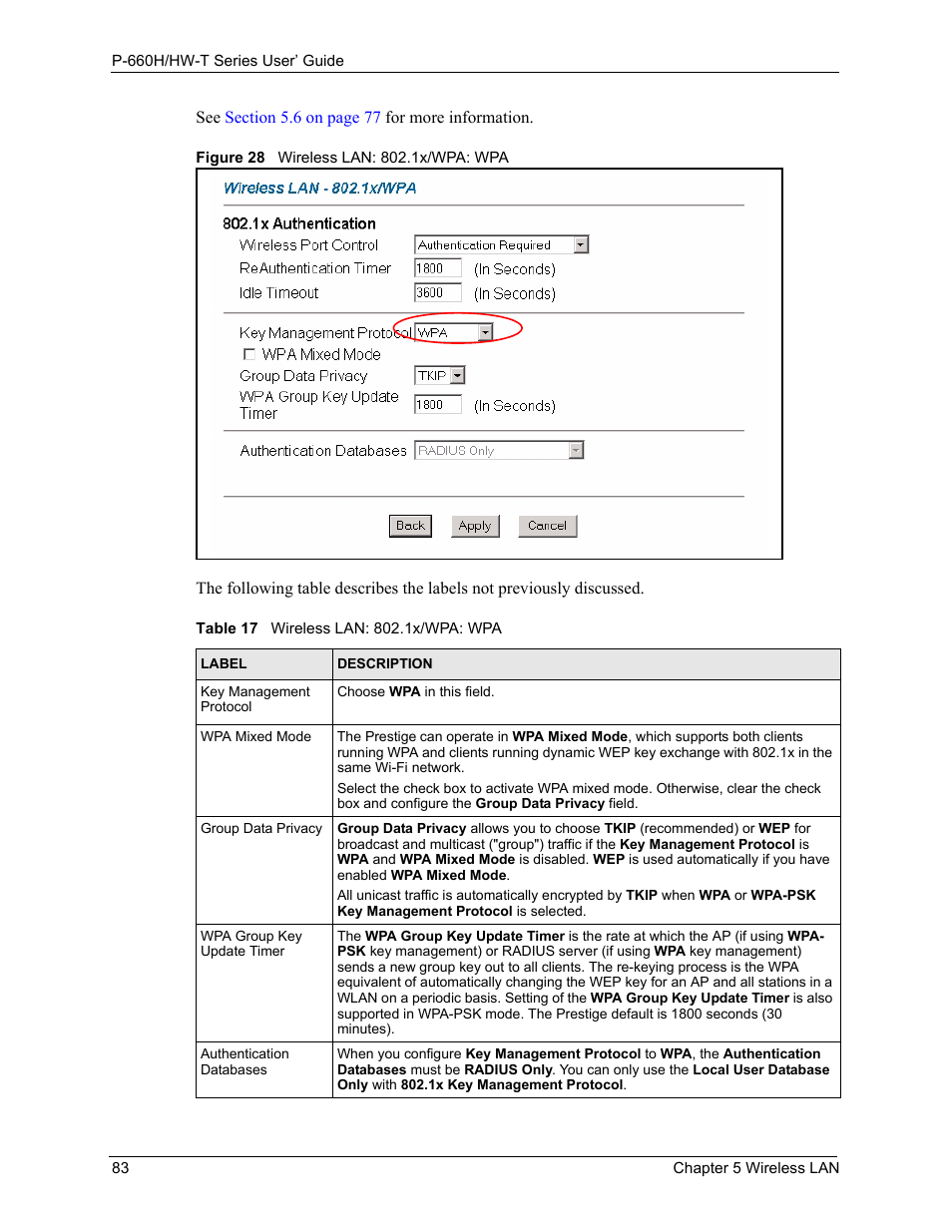 Figure 28 wireless lan: 802.1x/wpa: wpa, Table 17 wireless lan: 802.1x/wpa: wpa | ZyXEL Communications P-660H-T Series User Manual | Page 84 / 466