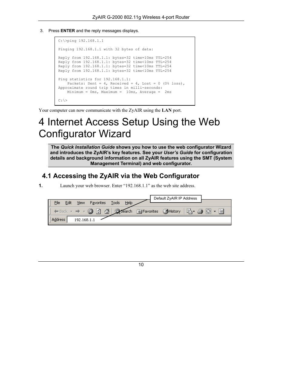 1 accessing the zyair via the web configurator | ZyXEL Communications ZyXEL ZyAIR G-2000 User Manual | Page 10 / 19