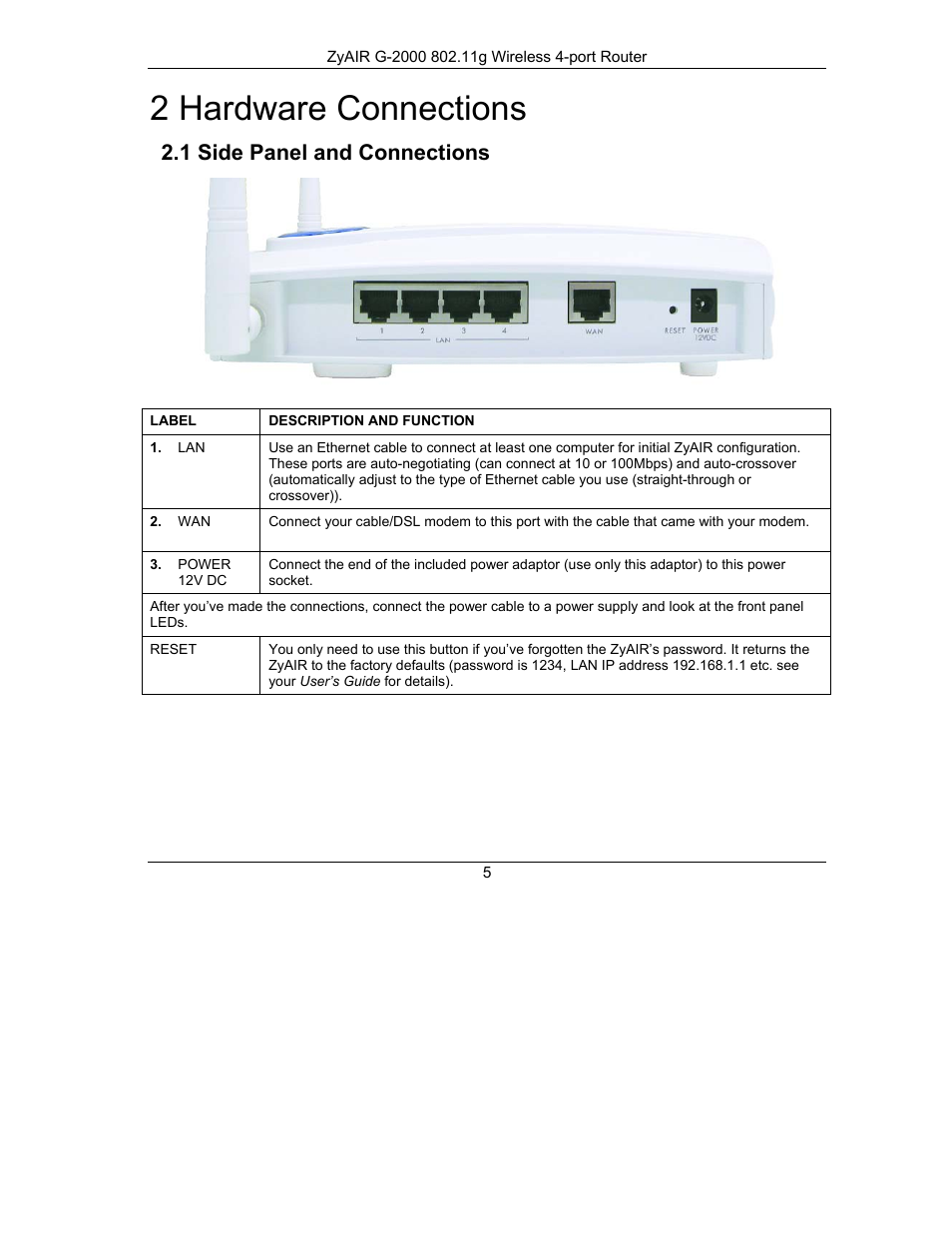 2 hardware connections, 1 side panel and connections | ZyXEL Communications ZyXEL ZyAIR G-2000 User Manual | Page 5 / 19