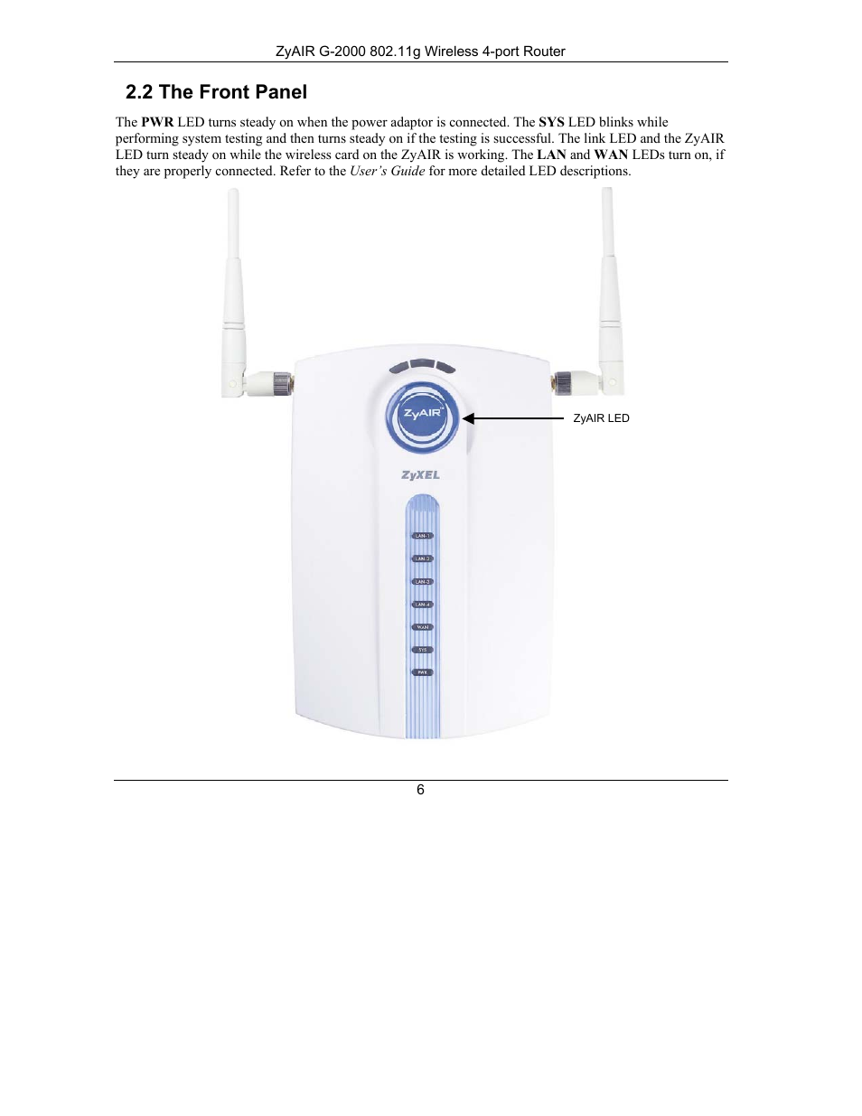 2 the front panel | ZyXEL Communications ZyXEL ZyAIR G-2000 User Manual | Page 6 / 19