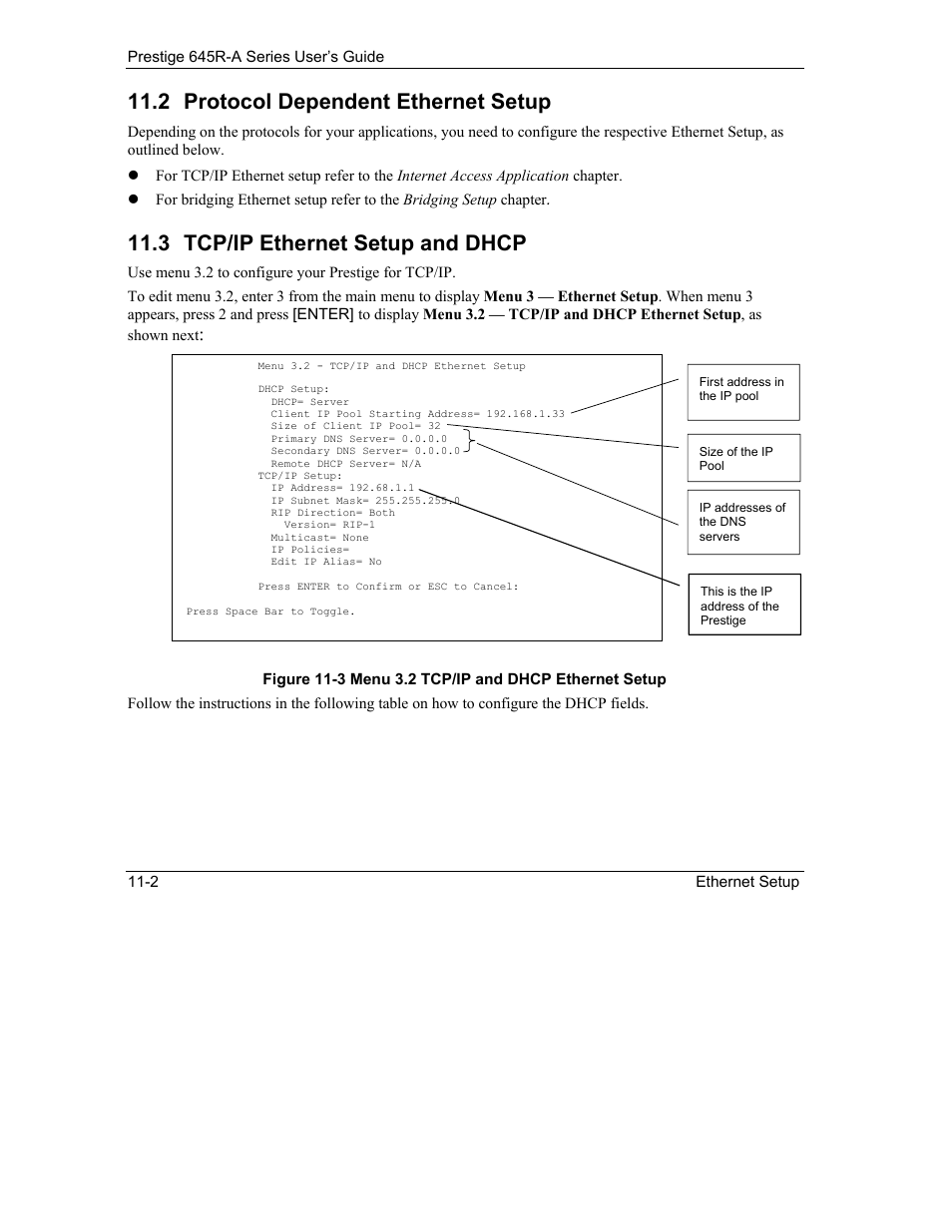 Protocol dependent ethernet setup, Tcp/ip ethernet setup and dhcp, 2 protocol dependent ethernet setup | 3 tcp/ip ethernet setup and dhcp | ZyXEL Communications Prestige 645R-A Series User Manual | Page 100 / 251