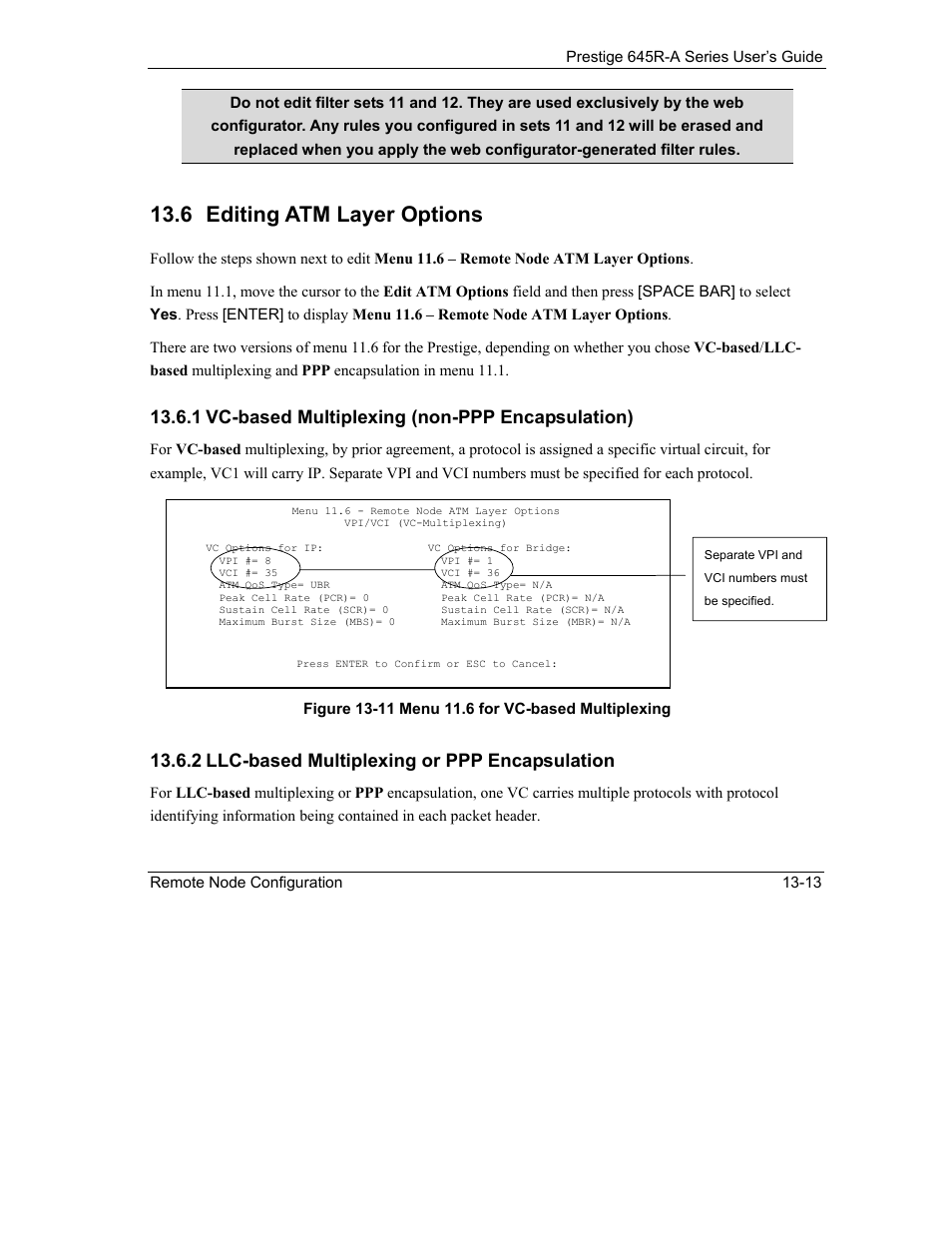 Editing atm layer options, 6 editing atm layer options, 1 vc-based multiplexing (non-ppp encapsulation) | 2 llc-based multiplexing or ppp encapsulation | ZyXEL Communications Prestige 645R-A Series User Manual | Page 121 / 251